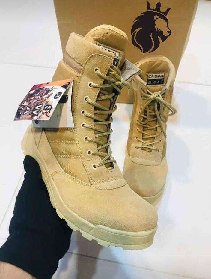 Men’s Beige SWAT Knee High Boots Synthetic Leather All Season